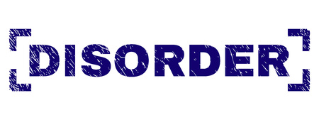 DISORDER title seal print with corroded texture. Text title is placed between corners. Blue vector rubber print of DISORDER with unclean texture.のイラスト素材