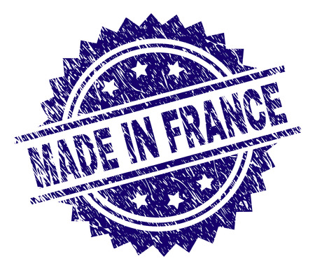 MADE IN FRANCE stamp seal watermark with distress style. Blue vector rubber print of MADE IN FRANCE text with dust texture.のイラスト素材
