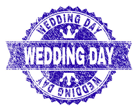 WEDDING DAY rosette stamp seal imprint with grunge effect. Designed with round rosette, ribbon and small crowns. Blue vector rubber print of WEDDING DAY label with grunge style.のイラスト素材