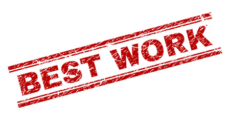 BEST WORK seal imprint with corroded texture. Red vector rubber print of BEST WORK text with corroded texture. Text label is placed between double parallel lines.のイラスト素材
