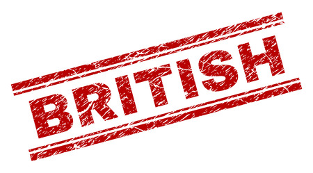 BRITISH seal print with corroded texture. Red vector rubber print of BRITISH caption with dust texture. Text caption is placed between double parallel lines.のイラスト素材