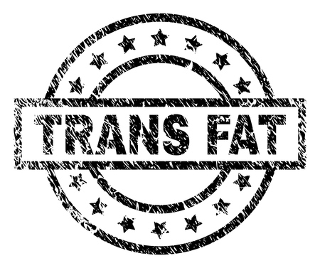 TRANS FAT stamp seal watermark with distress style. Designed with rectangle, circles and stars. Black vector rubber print of TRANS FAT text with scratched texture.のイラスト素材