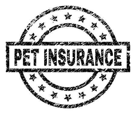 PET INSURANCE stamp seal watermark with distress style. Designed with rectangle, circles and stars. Black vector rubber print of PET INSURANCE text with grunge texture.のイラスト素材