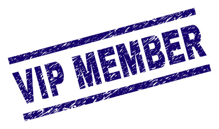 VIP MEMBER seal print with distress style. Blue vector rubber print of VIP MEMBER tag with dust texture. Text tag is placed between parallel lines.のイラスト素材