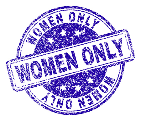 WOMEN ONLY stamp seal imprint with distress texture. Designed with rounded rectangles and circles. Blue vector rubber print of WOMEN ONLY caption with corroded texture.のイラスト素材