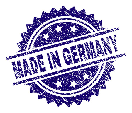 MADE IN GERMANY stamp seal watermark with distress style. Blue vector rubber print of MADE IN GERMANY tag with retro texture.のイラスト素材