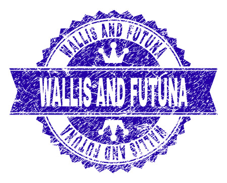 WALLIS AND FUTUNA rosette stamp overlay with grunge texture. Designed with round rosette, ribbon and small crowns. Blue vector rubber watermark of WALLIS AND FUTUNA tag with grunge texture.のイラスト素材