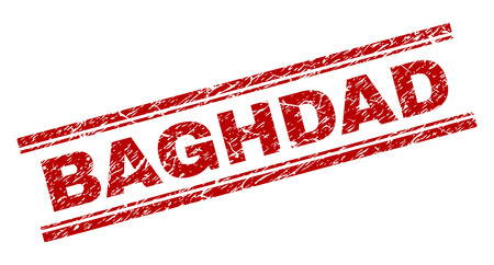 BAGHDAD seal watermark with distress texture. Red vector rubber print of BAGHDAD title with scratched texture. Text caption is placed between double parallel lines.のイラスト素材