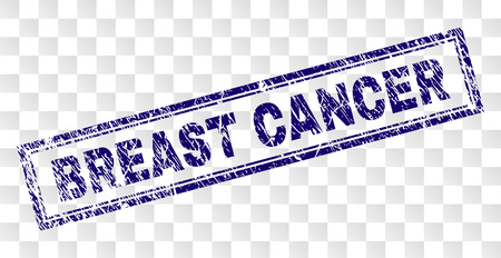 BREAST CANCER stamp seal print with dirty style and double framed rectangle shape. Stamp is placed on a transparent background. Blue vector rubber print of BREAST CANCER caption with corroded texture.のイラスト素材