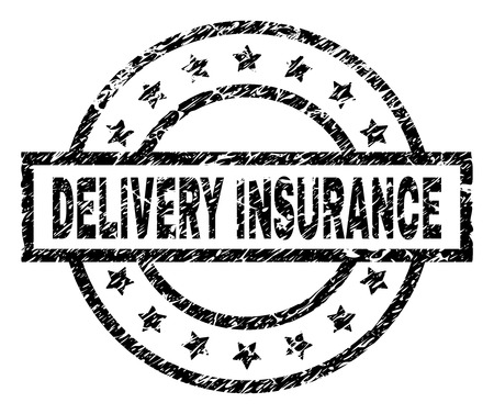DELIVERY INSURANCE stamp seal watermark with distress style. Designed with rectangle, circles and stars. Black vector rubber print of DELIVERY INSURANCE title with unclean texture.のイラスト素材