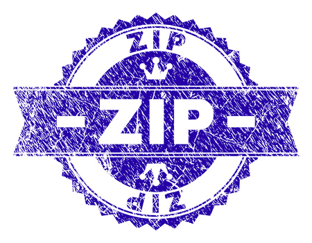 ZIP rosette stamp watermark with grunge texture. Designed with round rosette, ribbon and small crowns. Blue vector rubber watermark of ZIP title with unclean texture.のイラスト素材