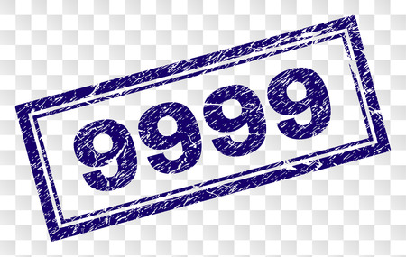 9999 stamp seal watermark with rubber print style and double framed rectangle shape. Stamp is placed on a transparent background. Blue vector rubber print of 9999 text with retro texture.のイラスト素材