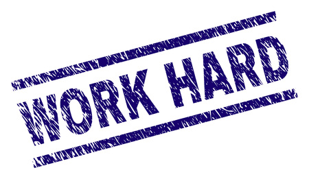 WORK HARD seal print with distress style. Blue vector rubber print of WORK HARD text with dirty texture. Text title is placed between parallel lines.のイラスト素材