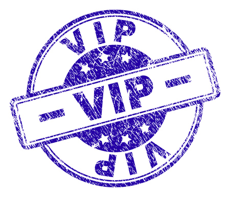 VIP stamp seal imprint with grunge style. Designed with rounded rectangles and circles. Blue vector rubber print of VIP label with grunge texture.のイラスト素材