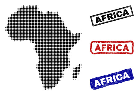 Halftone vector dot abstract Africa map and isolated black, red, blue scratched stamp seals. Africa map tag inside rough rectangle frames and with retro rubber texture.のイラスト素材