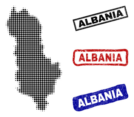 Halftone dot vector abstracted Albania map and isolated black, red, blue rubber-style stamp seals. Albania map name inside rough rectangle frames and with unclean rubber texture.のイラスト素材