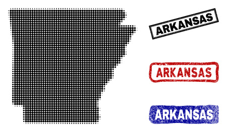 Halftone vector dot abstract Arkansas State map and isolated black, red, blue rubber-style stamp seals. Arkansas State map tag inside rough rectangle frames and with grunge rubber texture.のイラスト素材