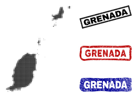 Halftone vector dot abstract Grenada map and isolated black, red, blue rubber-style stamp seals. Grenada map name inside rough rectangle frames and with retro rubber texture.のイラスト素材