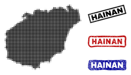 Halftone dot vector abstract Hainan Island map and isolated black, red, blue scratched stamp seals. Hainan Island map tag inside draft rectangle frames and with retro rubber texture.のイラスト素材