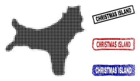 Halftone vector dot abstracted Christmas Island map and isolated black, red, blue rubber-style stamp seals. Christmas Island map title inside draft rectangle frames and with scratched rubber texture.のイラスト素材