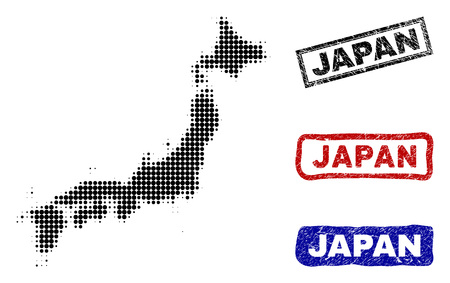 Halftone vector dot abstract Japan map and isolated black, red, blue rubber-style stamp seals. Japan map title inside rough rectangle frames and with distress rubber texture.のイラスト素材