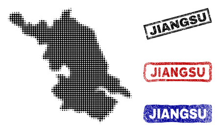 Halftone vector dot abstract Jiangsu Province map and isolated black, red, blue scratched stamp seals. Jiangsu Province map name inside rough rectangle frames and with scratched rubber texture.のイラスト素材