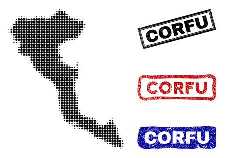 Halftone vector dot abstract Greek Corfu Island map and isolated black, red, blue scratched stamp seals. Greek Corfu Island map name inside draft rectangle frames and with scratched rubber texture.のイラスト素材