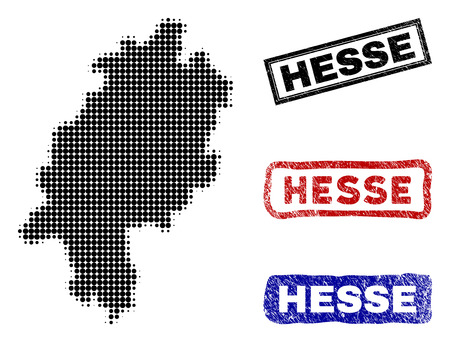 Halftone dot vector abstract Hesse State map and isolated black, red, blue damaged stamp seals. Hesse State map label inside rough rectangle frames and with unclean rubber texture.のイラスト素材
