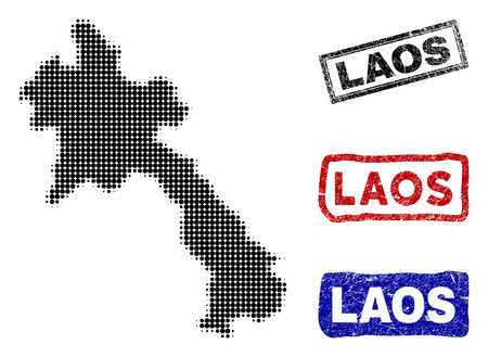 Halftone dot vector abstracted Laos map and isolated black, red, blue rubber-style stamp seals. Laos map caption inside rough rectangle frames and with corroded rubber texture.のイラスト素材