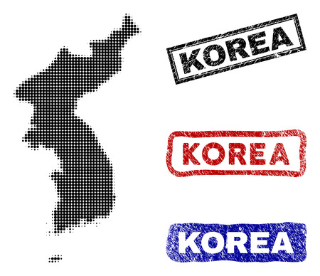 Halftone dot vector abstract Korea map and isolated black, red, blue scratched stamp seals. Korea map label inside rough rectangle frames and with grunge rubber texture.のイラスト素材