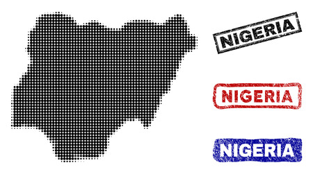 Halftone dot vector abstract Nigeria map and isolated black, red, blue scratched stamp seals. Nigeria map label inside draft rectangle frames and with scratched rubber texture.のイラスト素材