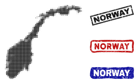 Halftone vector dot abstract Norway map and isolated black, red, blue rubber-style stamp seals. Norway map name inside draft rectangle frames and with unclean rubber texture.のイラスト素材