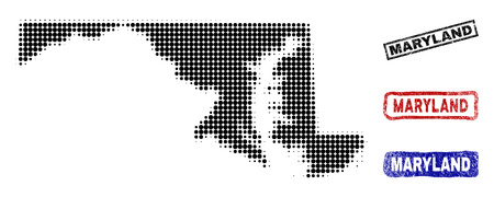 Halftone vector dot abstract Maryland State map and isolated black, red, blue damaged stamp seals. Maryland State map label inside rough rectangle frames and with distress rubber texture.のイラスト素材