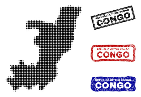 Halftone dot vector abstracted Republic of the Congo map and isolated black, red, blue grunge stamp seals. Republic of the Congo map title inside draft rectangle frames and with grunge rubber texture.のイラスト素材