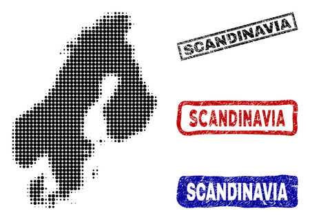Halftone vector dot abstract Scandinavia map and isolated black, red, blue grunge stamp seals. Scandinavia map caption inside draft rectangle frames and with grunge rubber texture.のイラスト素材