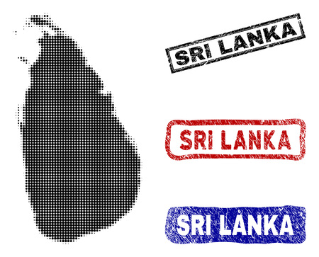 Halftone dot vector abstract Sri Lanka Island map and isolated black, red, blue rubber-style stamp seals. Sri Lanka Island map label inside draft rectangle frames and with unclean rubber texture.のイラスト素材
