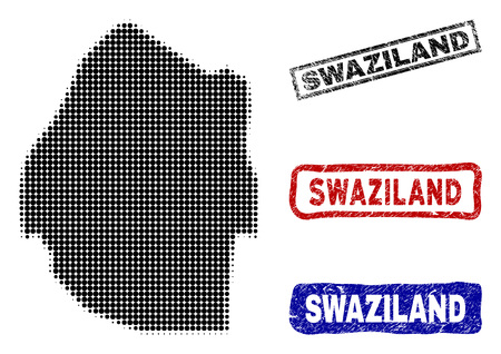 Halftone dot vector abstract Swaziland map and isolated black, red, blue rubber-style stamp seals. Swaziland map name inside rough rectangle frames and with retro rubber texture.のイラスト素材