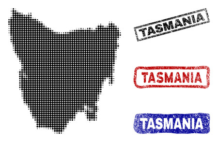 Halftone dot vector abstract Tasmania Island map and isolated black, red, blue grunge stamp seals. Tasmania Island map title inside rough rectangle frames and with grunge rubber texture.のイラスト素材