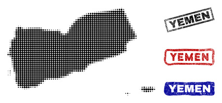 Halftone vector dot abstract Yemen map and isolated black, red, blue rubber-style stamp seals. Yemen map tag inside rough rectangle frames and with retro rubber texture.のイラスト素材