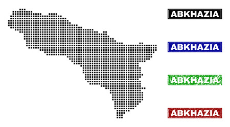Vector dot abstracted Abkhazia map and isolated clean black, grunge red, blue, green stamp seals. Abkhazia map caption inside rough framed rectangles and with grunge rubber texture.のイラスト素材