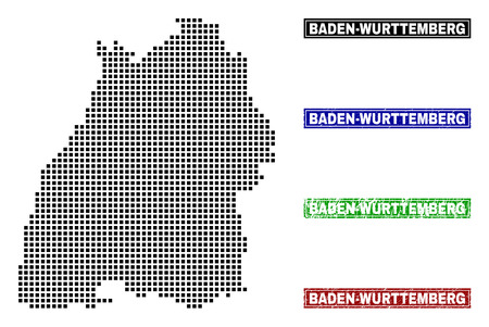 Vector dot abstracted Baden-Wurttemberg Land map and isolated clean black, grunge red, blue, green stamp seals.のイラスト素材