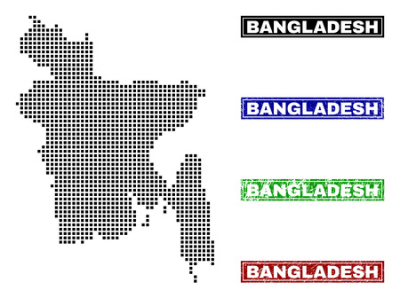 Vector dot abstract Bangladesh map and isolated clean black, grunge red, blue, green stamp seals. Bangladesh map name inside draft framed rectangles and with grunge rubber texture.のイラスト素材