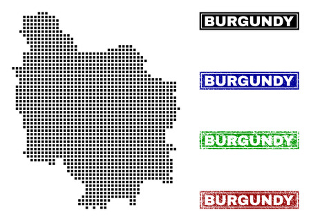 Vector dot abstract Burgundy Province map and isolated clean black, grunge red, blue, green stamp seals. Burgundy Province map tag inside rough framed rectangles and with grunge rubber texture.のイラスト素材