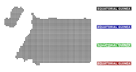 Dot vector abstract Equatorial Guinea map and isolated clean black, grunge red, blue, green stamp seals. Equatorial Guinea map name inside draft framed rectangles and with grunge rubber texture.のイラスト素材