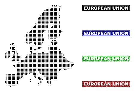 Vector dot abstract European Union map and isolated clean black, grunge red, blue, green stamp seals. European Union map tag inside rough framed rectangles and with grunge rubber texture.のイラスト素材