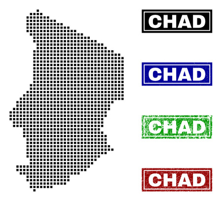Vector dot abstracted Chad map and isolated clean black, grunge red, blue, green stamp seals. Chad map tag inside rough framed rectangles and with grunge rubber texture.のイラスト素材