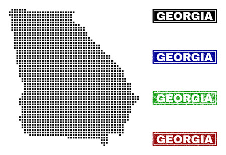 Vector dot abstracted Georgia State map and isolated clean black, grunge red, blue, green stamp seals. Georgia State map caption inside draft framed rectangles and with unclean rubber texture.のイラスト素材