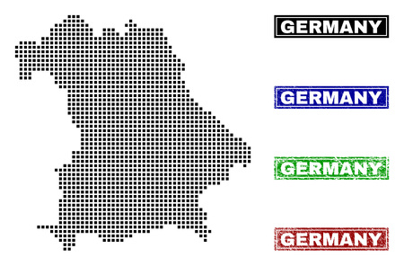 Dot vector abstract Germany map and isolated clean black, grunge red, blue, green stamp seals. Germany map label inside draft framed rectangles and with corroded rubber texture.のイラスト素材