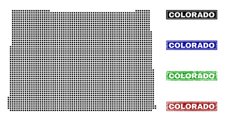 Dot vector abstracted Colorado State map and isolated clean black, grunge red, blue, green stamp seals. Colorado State map caption inside rough framed rectangles and with grunge rubber texture.のイラスト素材