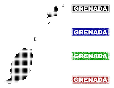 Dot vector abstracted Grenada map and isolated clean black, grunge red, blue, green stamp seals. Grenada map title inside rough framed rectangles and with grunge rubber texture.のイラスト素材